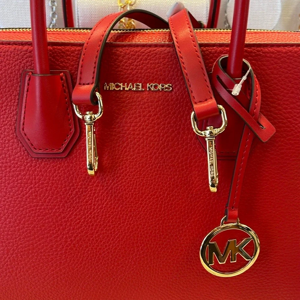 Michael Kors Mercer Medium Top-Zip Belted Satchel Crossbody Purse 
BRIGHT RED
NW - Picture 5 of 16